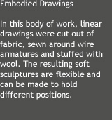 In this body of work, linear drawings were cut out of
fabric, sewn around wire armatures and stuffed with wool. The resulting soft sculptures are flexible and can be made to hold different positions.